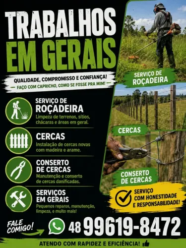 Serviços gerais roçadas cercas encanamento água e esgoto