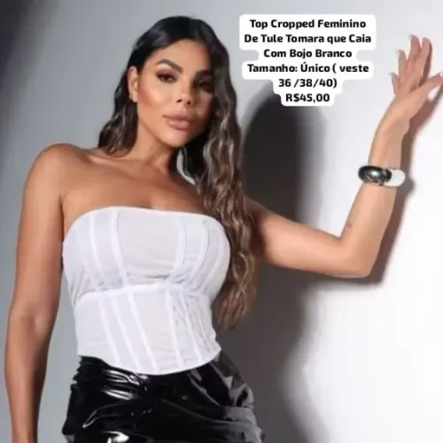 Top Cropped Feminino De Tule Tomara que Caia Com Bojo Branco