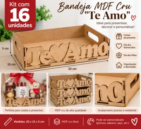 Kit 16 Bandejas MDF ?Te Amo? 20x15x5 cm - Novas