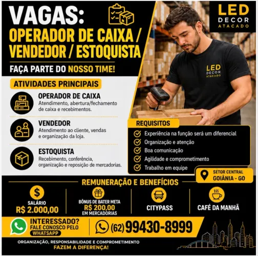 Vagas disponíveis caixa / estoquista / vendedor
