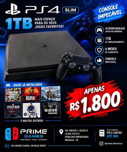 PS4 Slim 1TB Desbloqueado + Jogos na Memória | 6 Meses de Garantia