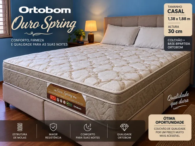 Cama Box Ortobom Ouro Spring Casal + Base Bipartida