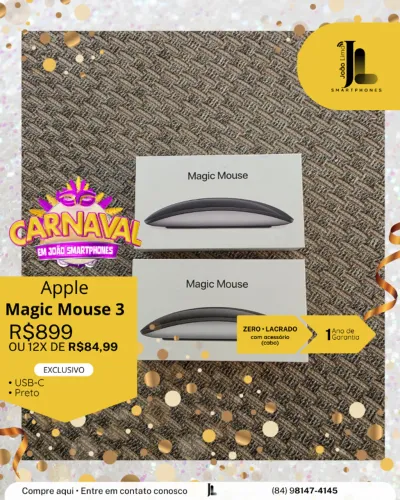 APPLE MAGIC MOUSE 3, PRETO, USB-C, LACRADO, EXCLUSIVO!
