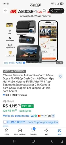 Câmera veicular 70mai Dash Cam 4k A800SE Set