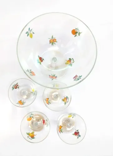 Tigela para sobremesa ou ponche + 4 taças para servir em cristal, antiguidade da déc 50
