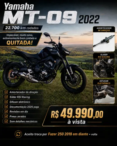 MT-09 2022 + Acessórios | Baixo KM | Quitada | Doc em dia