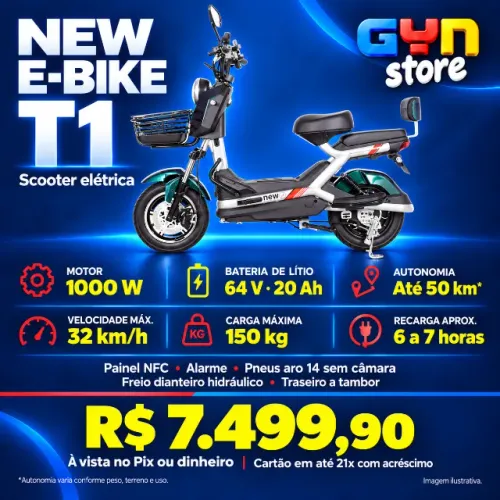 Scooter Elétrica New E-Bike T1 1000W 64V 20Ah Lítio NFC Aro 14