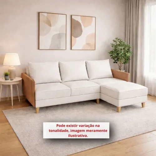Estofado 2 Lugares Bahamas Com Chaise Bege Veludo D28 Tecido em Linho