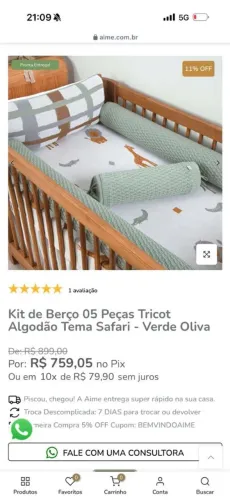 Kit de berço 5 peças tricot algodão tema safari verde oliva