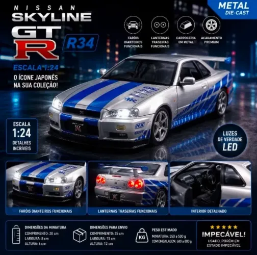 Nissan Skyline GT-R R34 1:24 Metal C/ Luzes LED Funcionando - Impecável