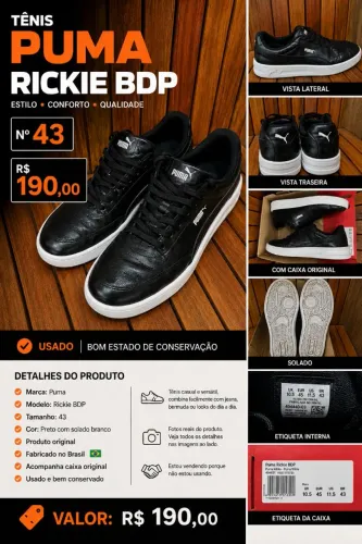 Tênis Puma Rickie BDP Masculino Preto - Nº 43 - Com Caixa