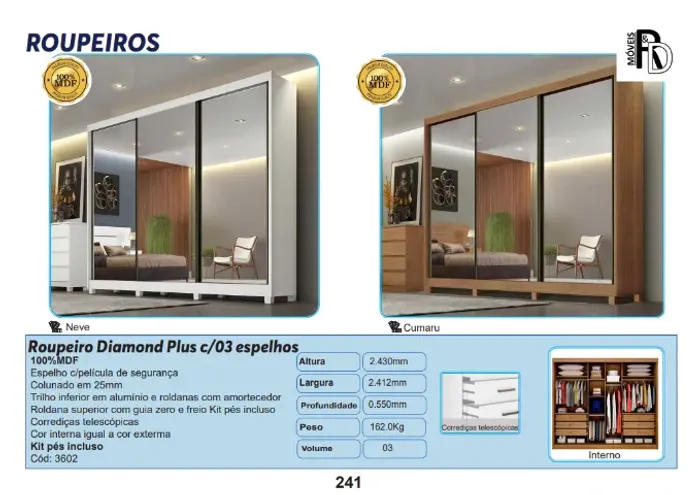 Roupeiro Guarda Roupa Diamond Plus com 3 espelhos 100% MDF
