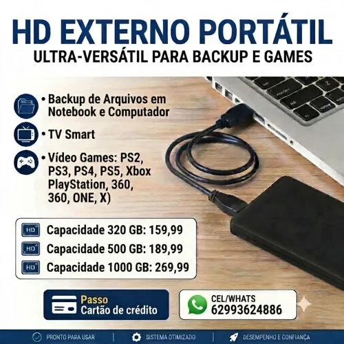 HD externo portátil para Computadores Vídeo Games TV Smart Garantia Parcelo no cartão