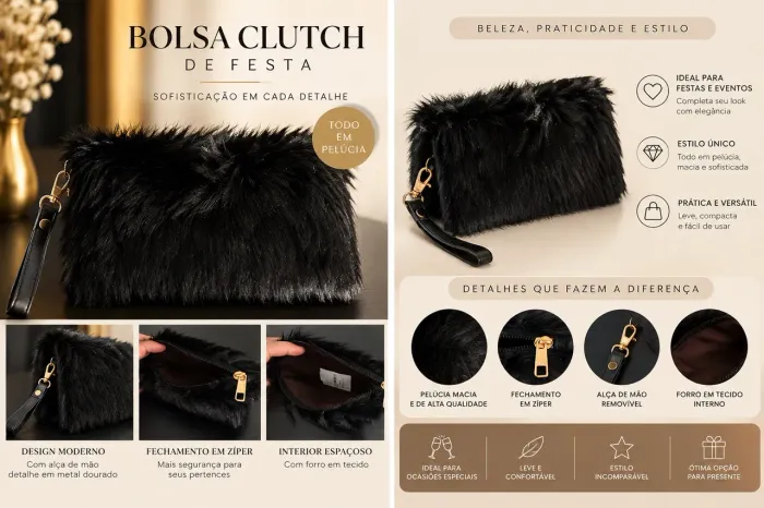 Bolsa de festa estilo chuche em pelúcia preta linda 