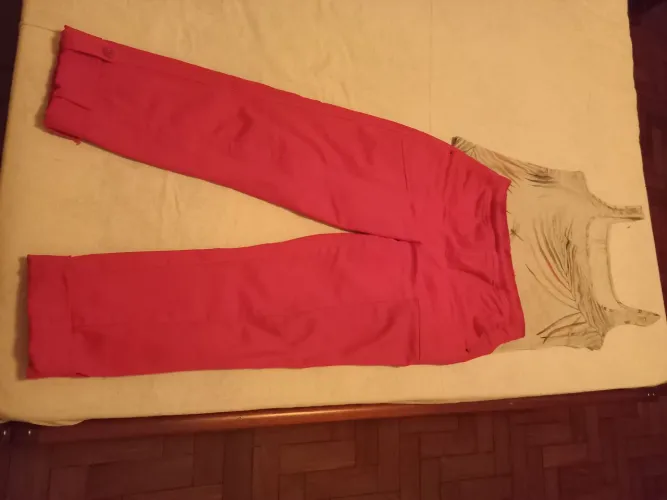 Calça pink e blusa com estampas de folhagens e libélulas