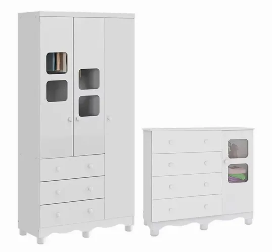 Roupa Guarda Roupa 3 Portas e Cômoda de Bebê - Móveis Peroba - Branco