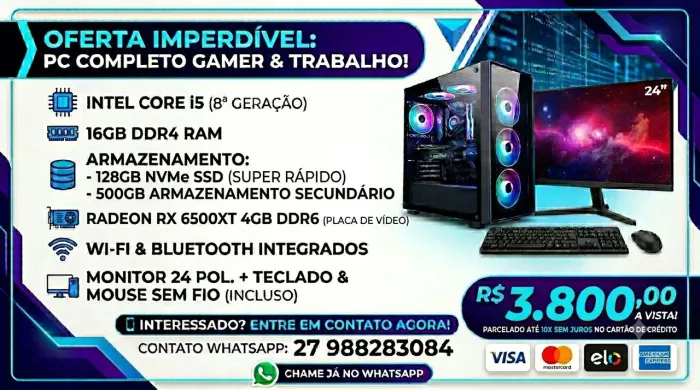 Computador i5 8ª geração 16ddr4 120gb nvme AMD RX 6500XT monitor 24 polegadas
