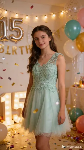 Vestido Curto Verde Tiffany com Tule e Renda - Festa / Debutante