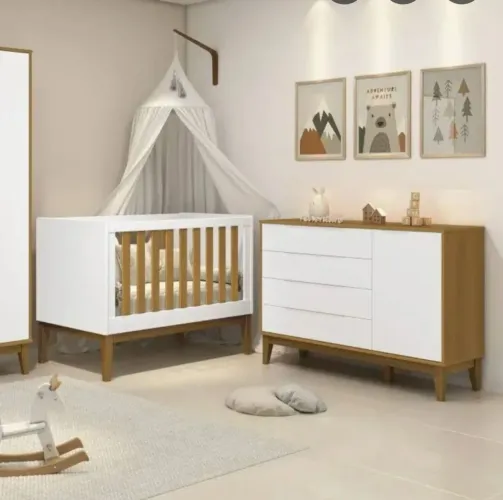 Berço e comoda sapateira Noah Classic Branco Fosco Savana com madeira