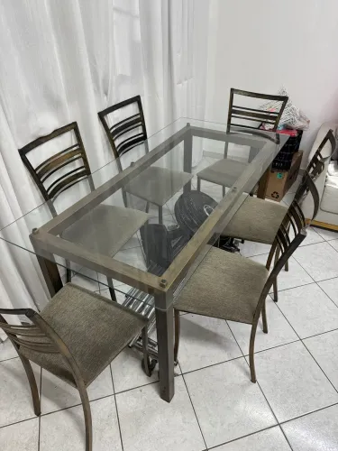 Mesa Jantar retangular 6 cadeiras com tampo de vidro