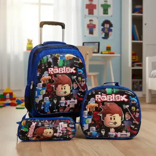 Kit Mochila Escolar Roblox 3d Rodinhas Lancheira Estojo Reforçada
