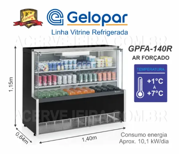 Vitrine Refrigerada Ar Forçado Vidro Reto GPFA-140R PR Preta 220V Gelopar Garantia 12 mese