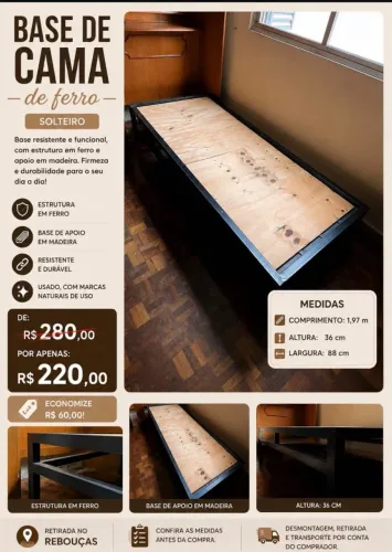 BASE DE CAMA DE FERRO SOLTEIRO SUPER-REFORÇADA