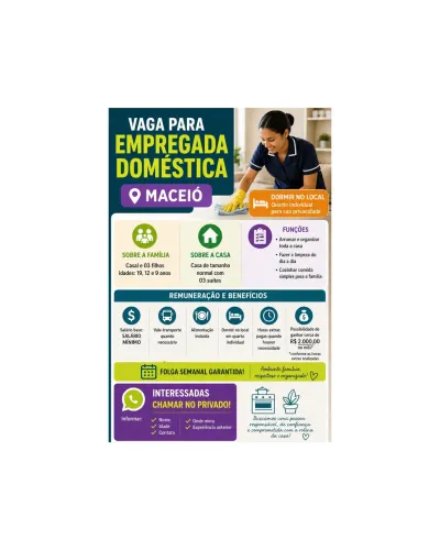 Vaga para Empregada Doméstica - Maceió (Dormir no Local)