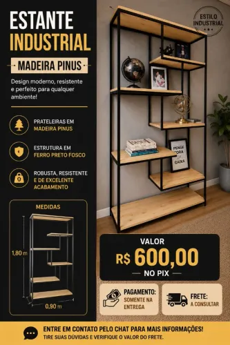 Estante Industrial em Pinus 1,80x90 - Ferro Preto Fosco