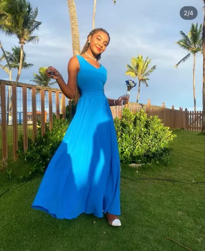 Vestido de Festa Longo Azul Royal / Azul Bic com Cintura Marcada
