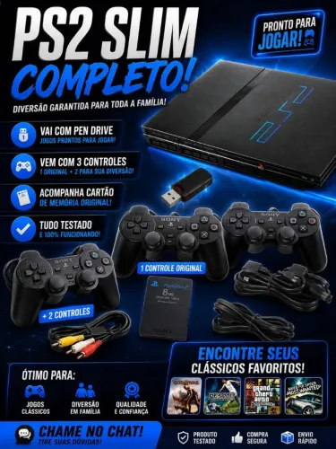 PlayStation 2 Slim + 3 Controles + Pen Drive + Memory Card + Jogos. Funcionando tudo!