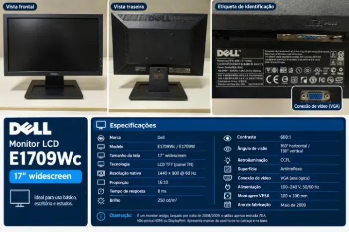 Monitor Dell E1709Wc 17 Polegadas Widescreen VGA