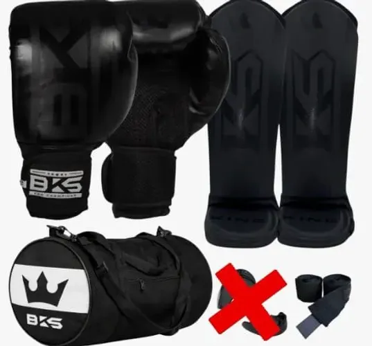 2 Kits Bks, Luva de boxe + Caneleira + Bolsa + Bandagem