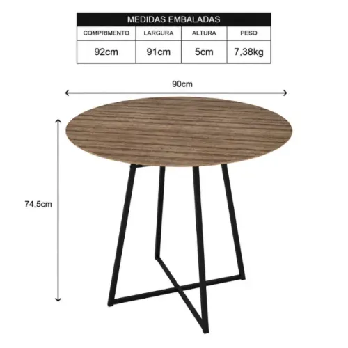 Mesa Redonda 90x90 Para Sala De Jantar Compacta Estilo Industrial Moderna Acabamento Lâmin