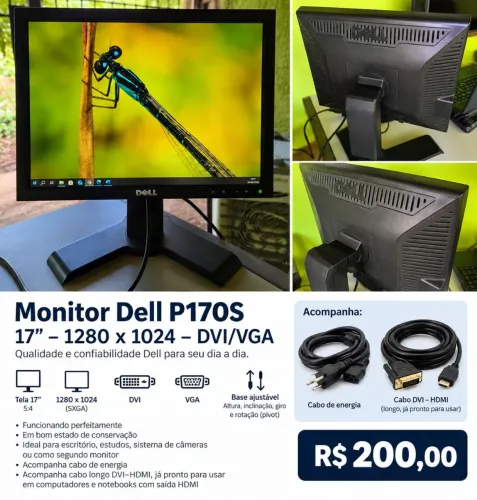 Monitor Dell P170S 17" - DVI/VGA - Base Ajustável + Cabo HDMI