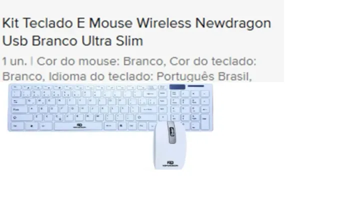 Kit Teclado e Mouse Wireless Newdragon USB Branco Ultra Slim
