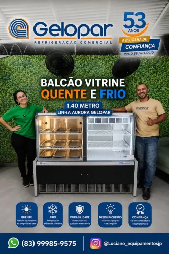 BALCÃO VITRINE QUENTE E FRIO 1.40 METRO LINHA AURORA GELOPAR 