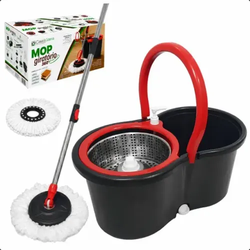 Mop Giratório 360 Balde 14L Cesto Inox Cabo 140cm Ajustavel 2 Refis