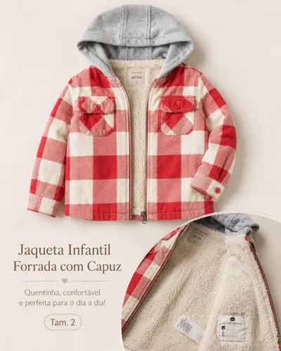 Jaqueta infantil xadrez forrada com capuz - Tamanho 2 semi nova 