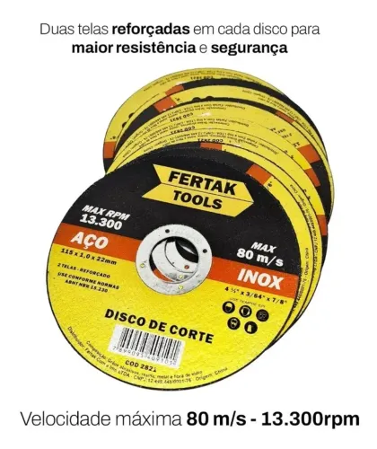 10x disco de corte p/ metal inox 115 x 1,0 x 22mm 4½ 80m/s fertak tool 2821