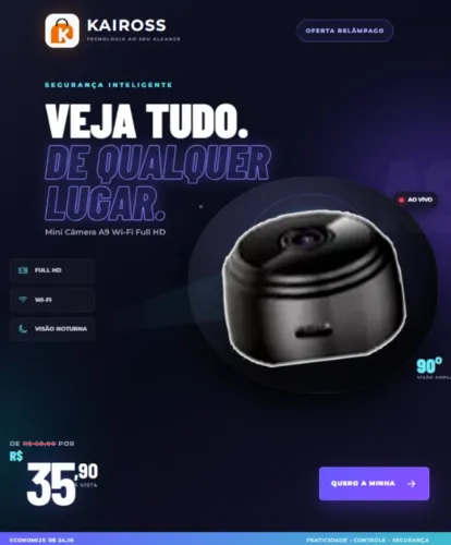 Mini câmera de Segurança Fixa Espiã A9 Wi-Fi FullHD 90° com Suporte de Parede