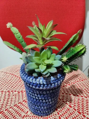 Vaso de crochê com suculentas artificiais