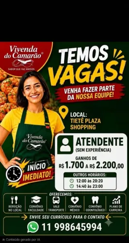 Vagas de atendente no vivenda do camarão