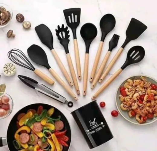 Jogo Utensílios de Cozinha Silicone Cabo de Madeira