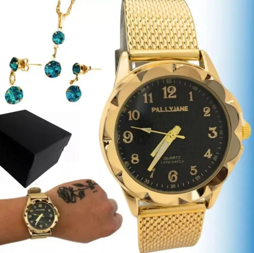 Relógio feminino kit cordao e brinco semijóia presente