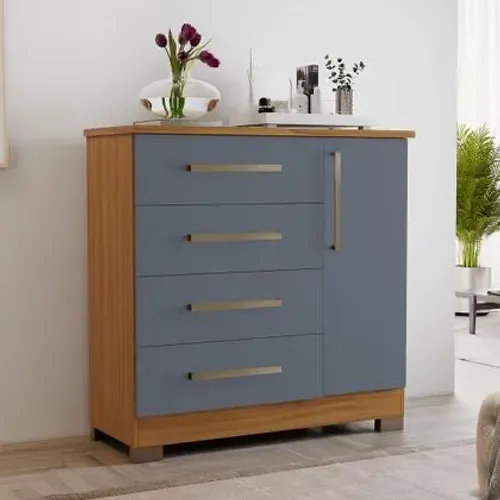 Cômoda 4 Gavetas com Porta - Amadeirado e Cinza