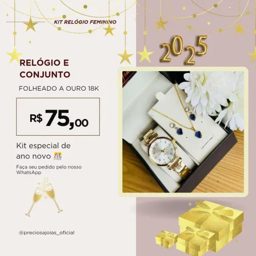 Kit Relógio feminino e Conjunto Folheado a Ouro 18K - Novo