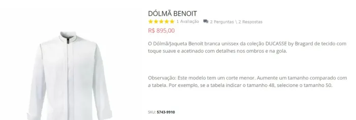 DOLMÃ BENOIT de Chef - Bragard - Jaqueta Branca