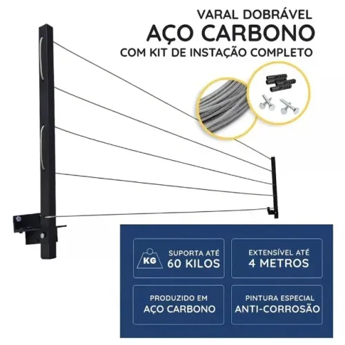 Varal Parede em Alumínio 60Kg Super Resistente