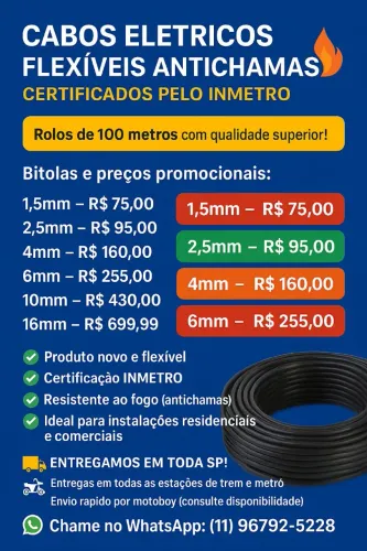 Cabos elétricos flexível antichamas certificado pelo Inmetro